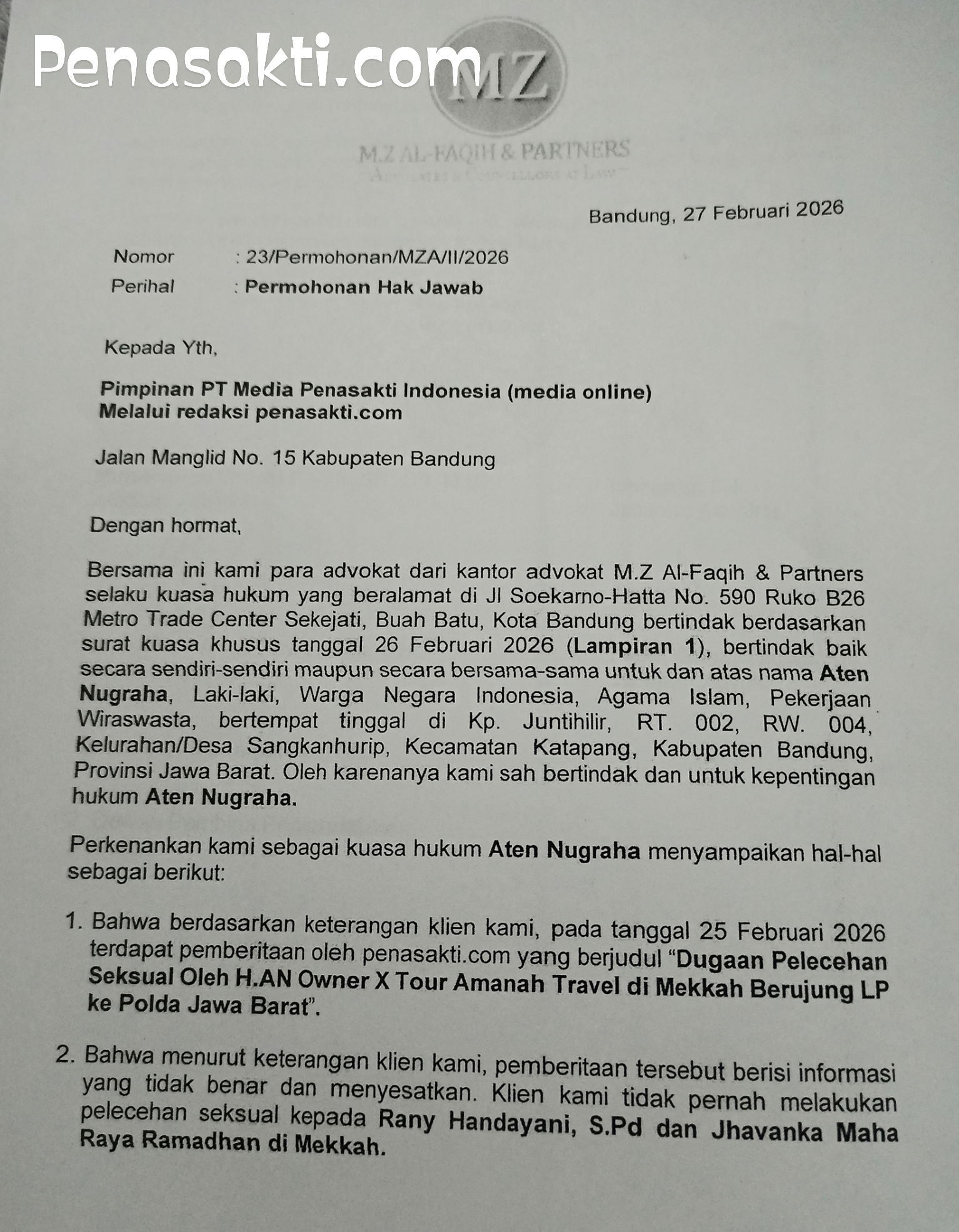 Hak Jawab H. AN dan Kuasa Hukum M.Z Al-Fagih & Fartner Atas Berita Dugaan Pelecehan Seksual Yang telah Dimuat Oleh Penasakti.com