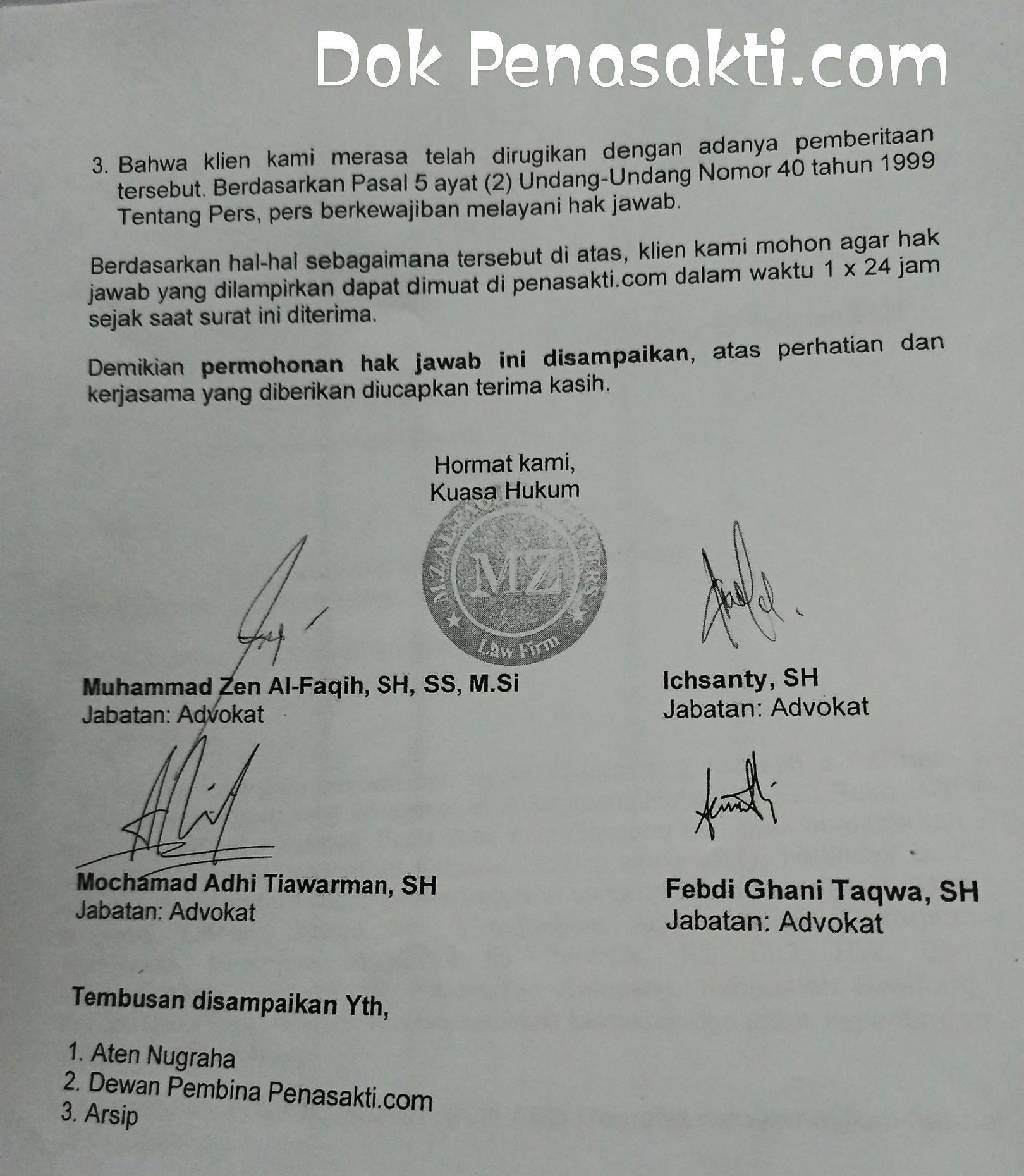 Hak Jawab H. AN dan Kuasa Hukum M.Z Al-Fagih & Fartner Atas Berita Dugaan Pelecehan Seksual Yang telah Dimuat Oleh Penasakti.com