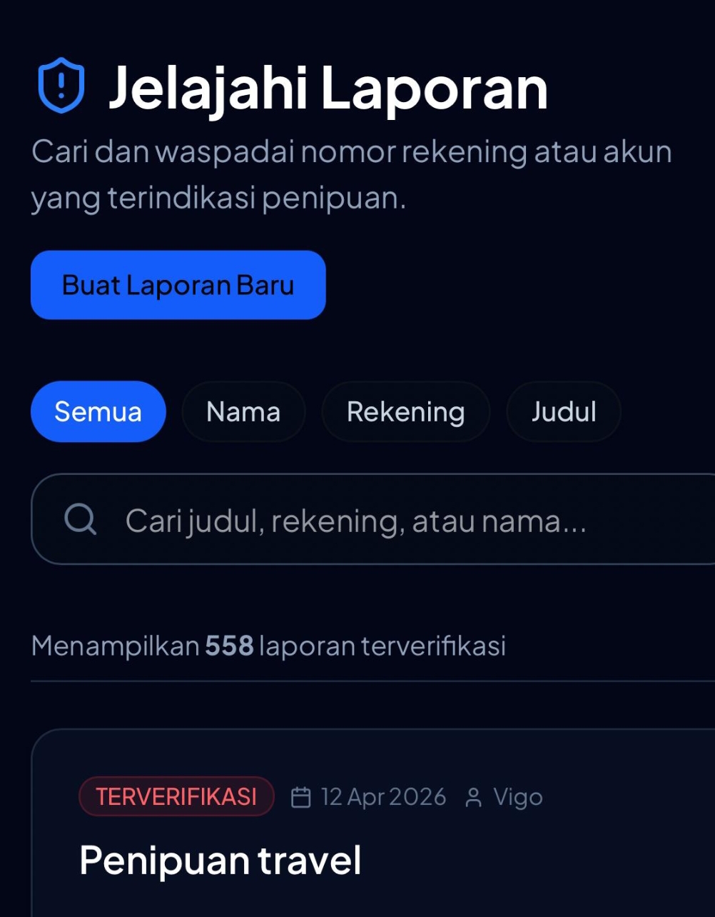 Aplikasi cek penipuan online dan laporan pengaduan siap Layani Masyarakat